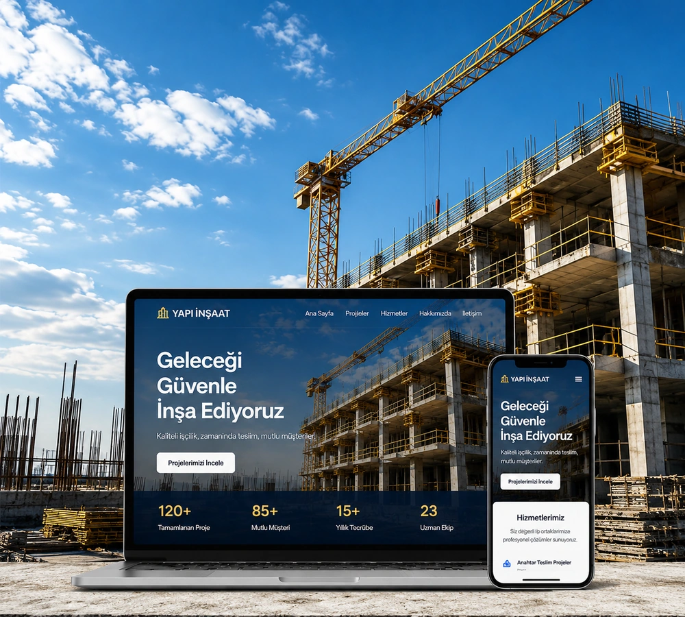 İnşaat firmasına özel web sitesinin masaüstü ve mobil cihaz görünümü