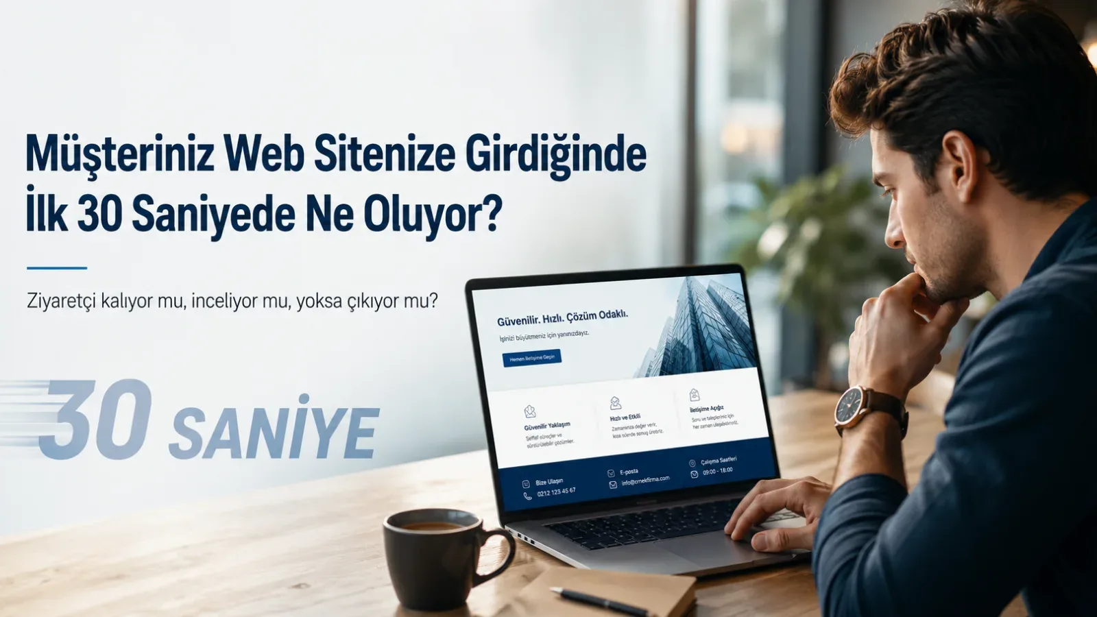 Web sitesini inceleyen bir müşterinin ilk 30 saniyedeki deneyimini gösteren görsel