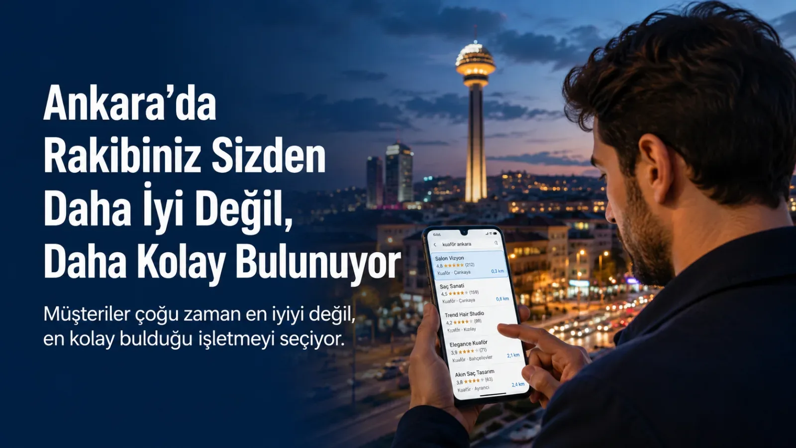 Ankara’da telefonundan yerel işletmeleri karşılaştıran bir müşteri
