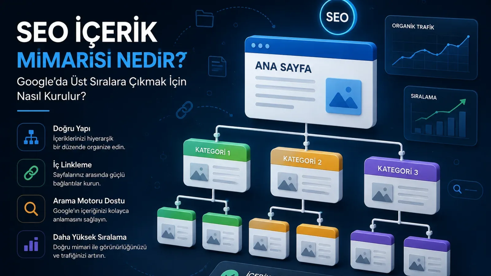 SEO içerik mimarisi ile ana sayfa, kategoriler ve alt içerikler arasındaki hiyerarşik bağlantıları gösteren Websiteji SEO görseli.