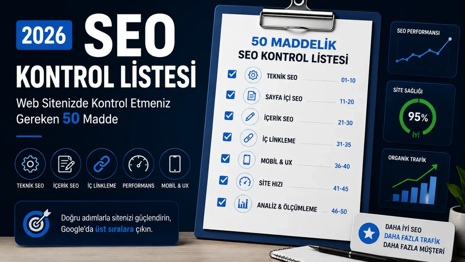 2026 SEO kontrol listesinde teknik SEO, içerik SEO, iç linkleme, mobil uyumluluk, site hızı ve analiz adımlarını gösteren SEO rehberi görseli.