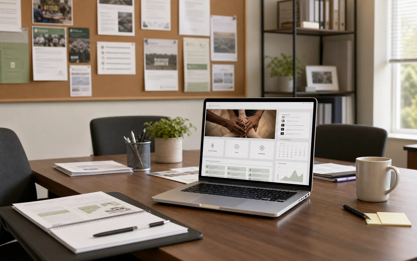 Dernek ofisinde toplantı masası ve web sitesi yönetim ekranı