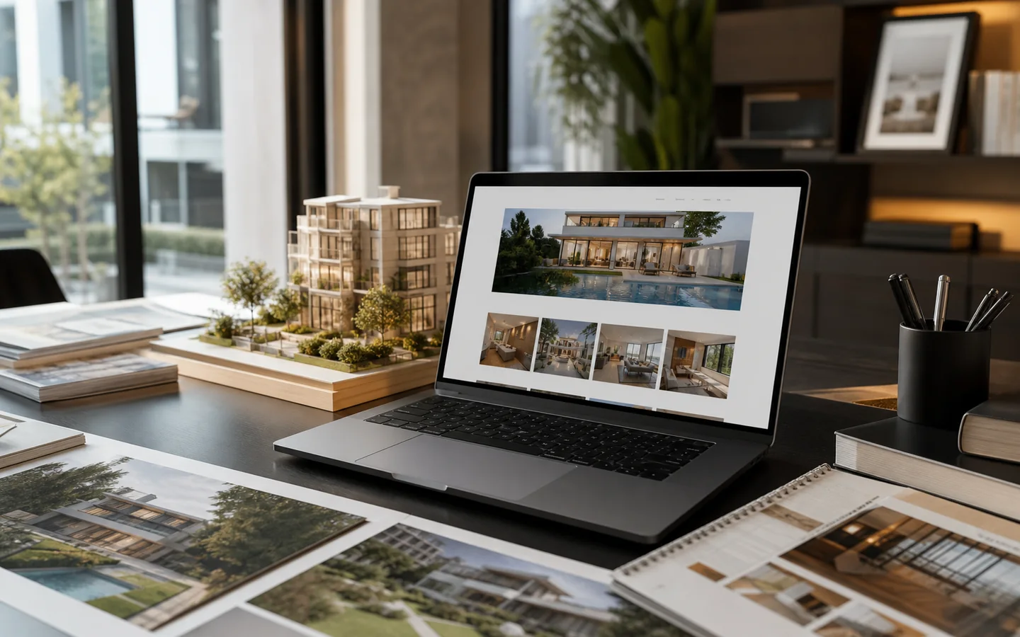 Modern emlak ofisinde ilan ve portföy web sitesi ekranı