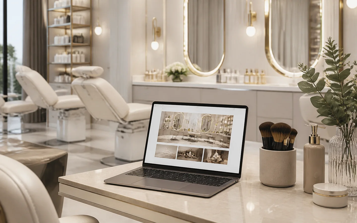 Modern güzellik salonunda temiz bakım alanı ve web sitesi ekranı