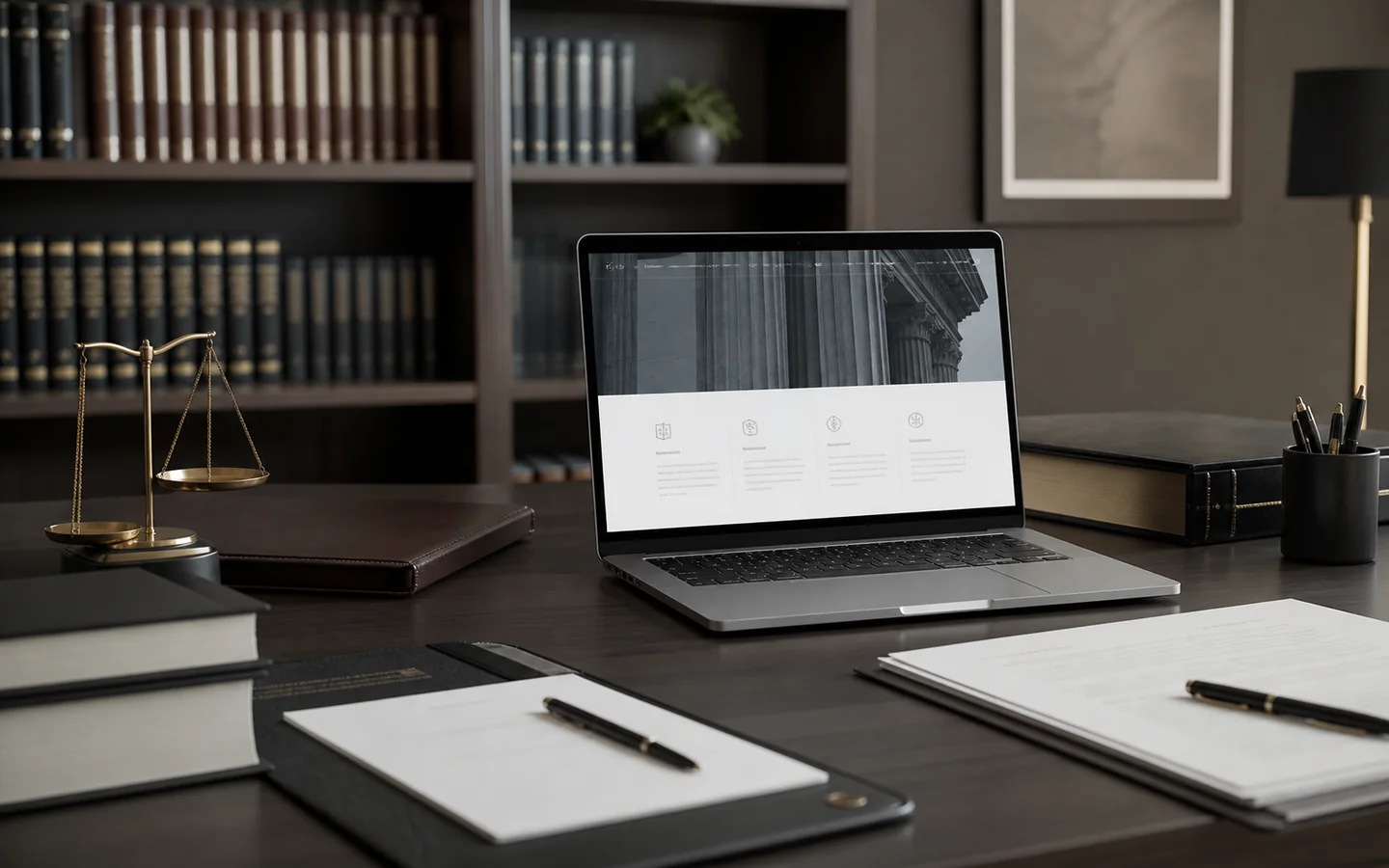 Modern hukuk ofisinde kurumsal web sitesi ekranı ve dosyalar