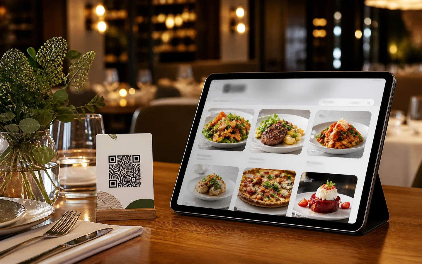 Restoran masasında QR menü sisteminin dijital menü ekranı