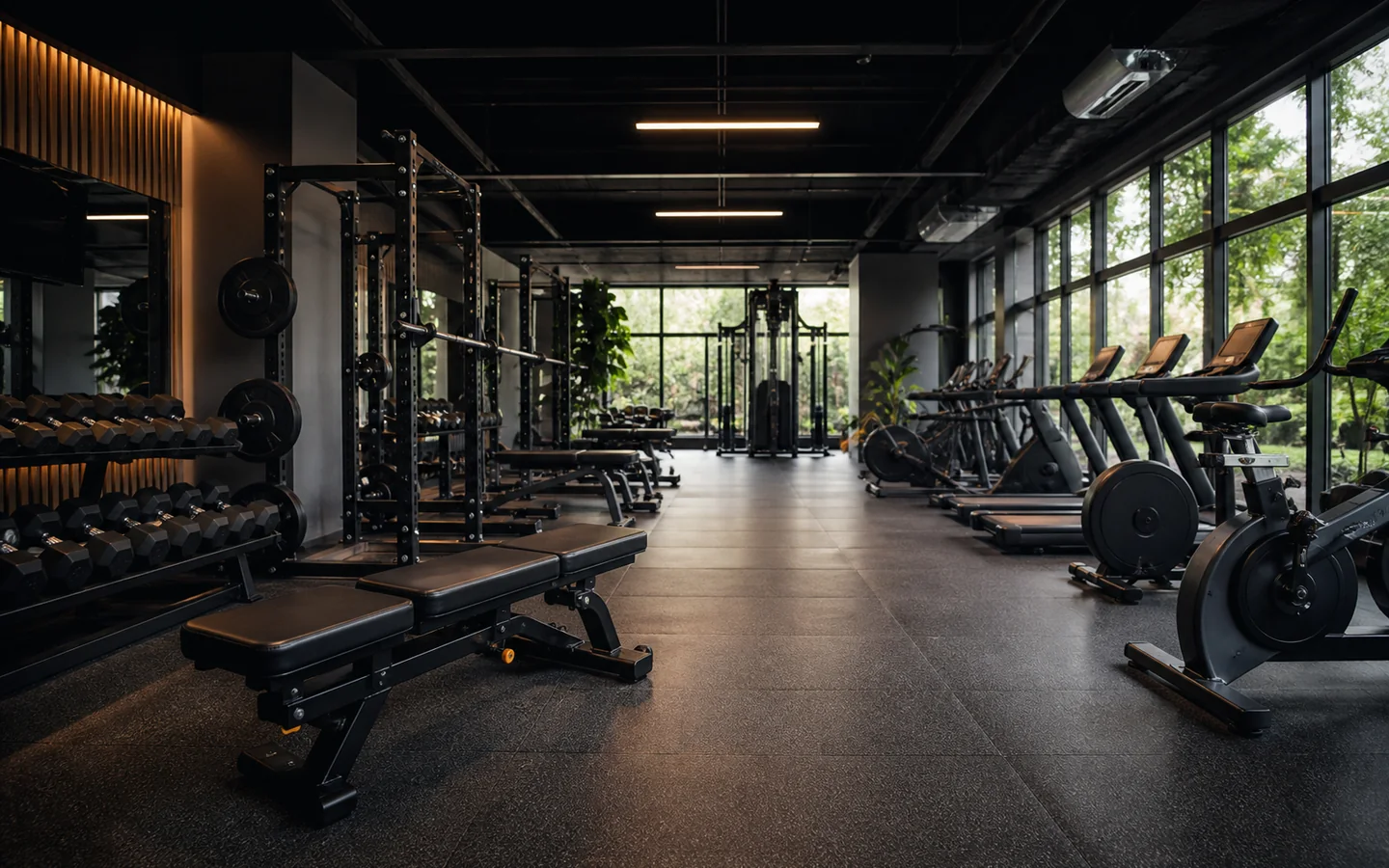 Modern spor salonunda ekipmanlar ve profesyonel web sitesi atmosferi