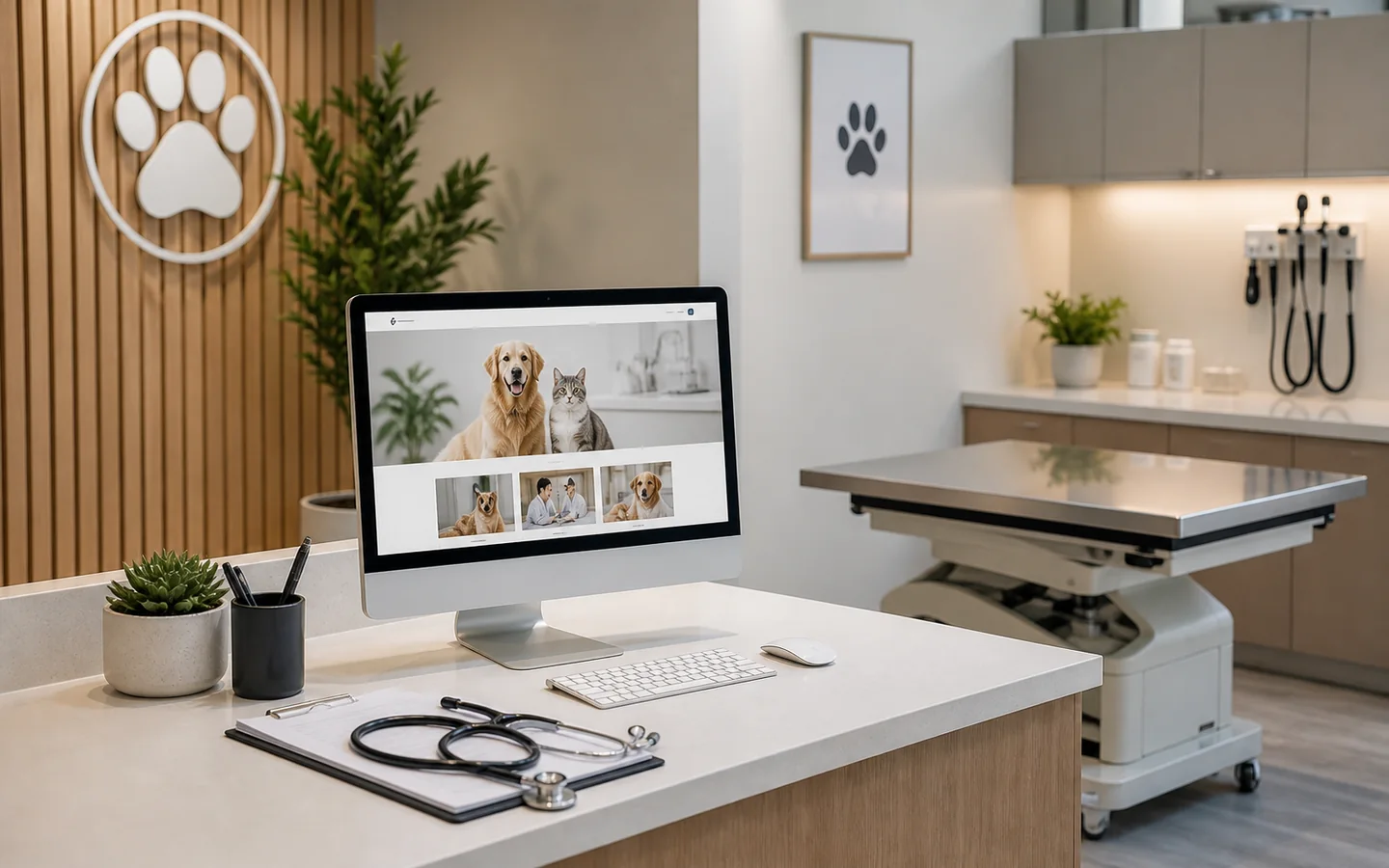 Modern veteriner kliniğinde yönetilebilir web sitesi ekranı